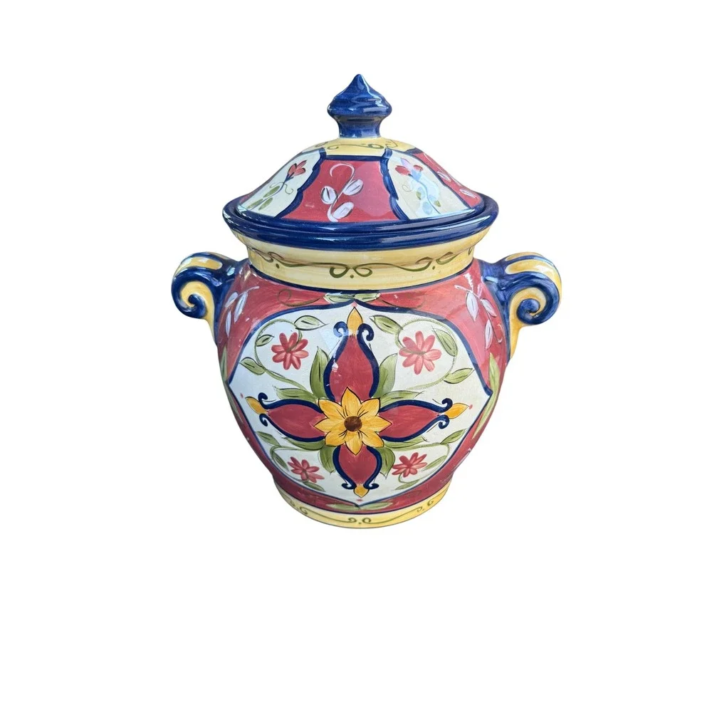 Pier 1 Vallarta Handpainted Earthenware Canister‎ Lidded cookie Jar Floral